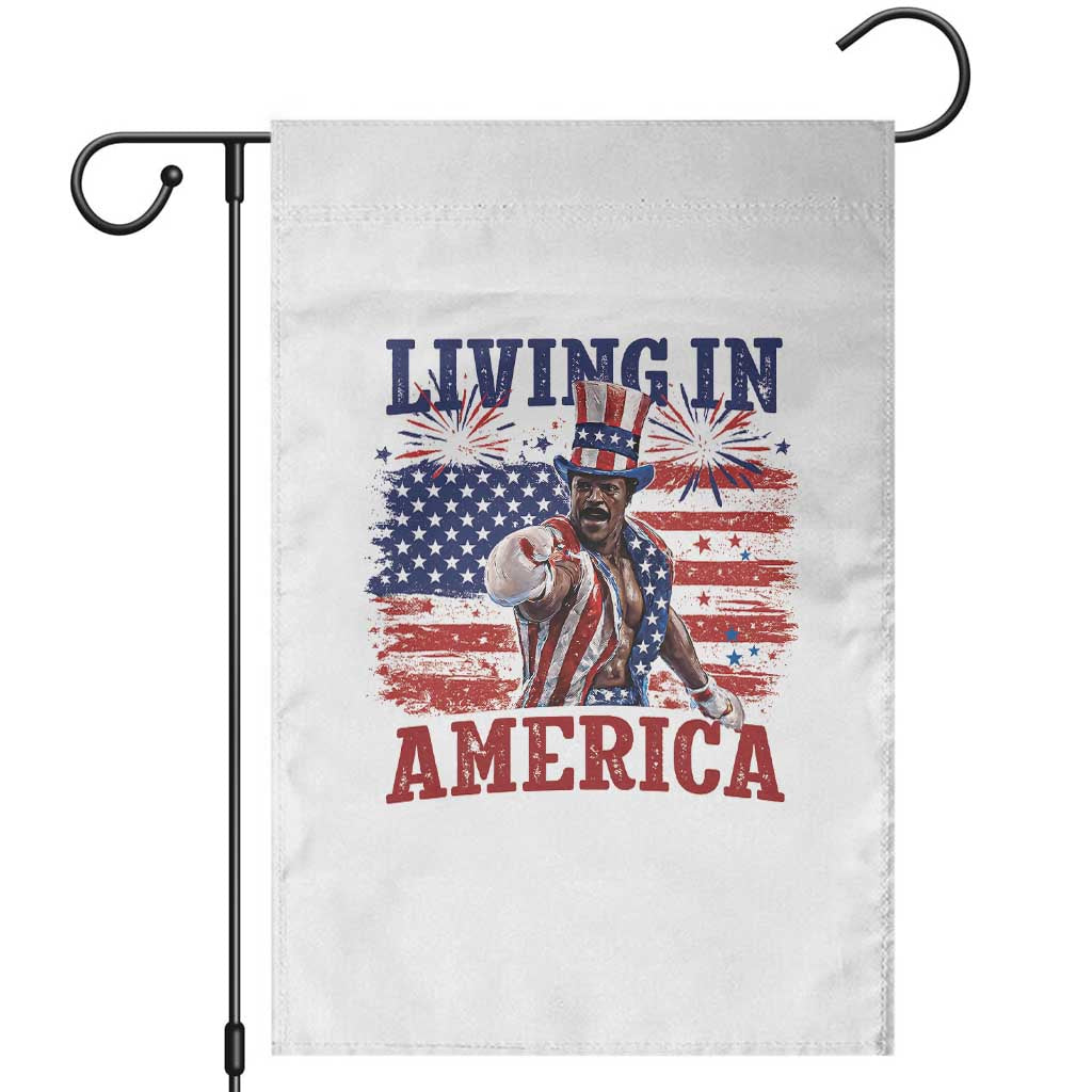 Living In America Funny Patriotic Heavyweight Boxer Garden Flag Vintage Distressed Flag Uncle Sam Hat Boxing Champion TS02 White Print Your Wear