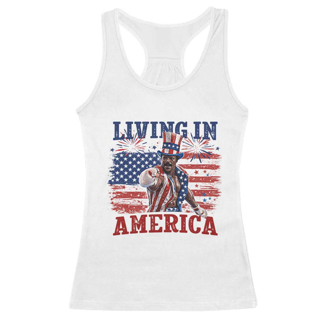 Living In America Funny Patriotic Heavyweight Boxer Racerback Tank Top Vintage Distressed Flag Uncle Sam Hat Boxing Champion TS02 White Print Your Wear