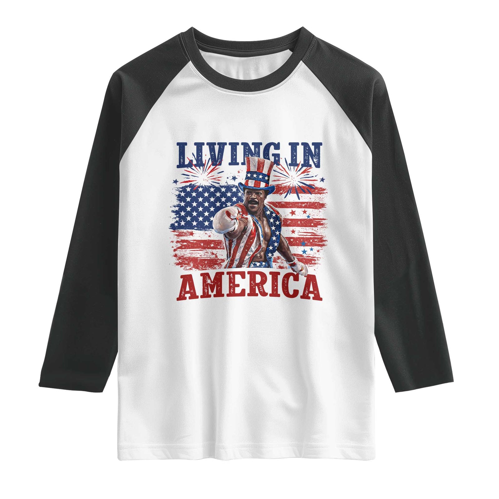 Living In America Funny Patriotic Heavyweight Boxer Raglan Shirt Vintage Distressed Flag Uncle Sam Hat Boxing Champion TS02 White Black Print Your Wear