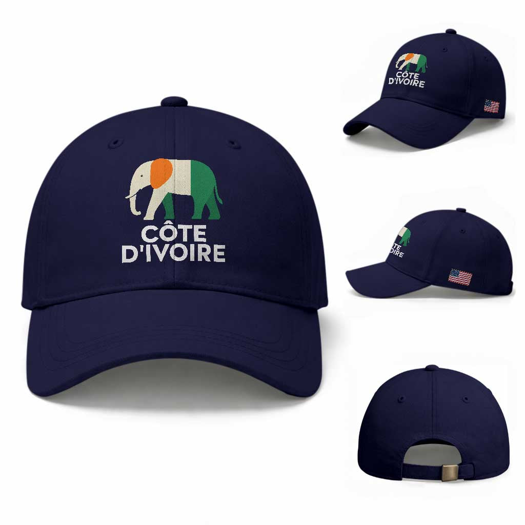 Proud Côte d'Ivoire Elephant Ivory Coast Flag Baseball Cap Ivorian Pride Retro Souvenir TS02 Baseball Cap Universal Fit Dark Blue Print Your Wear