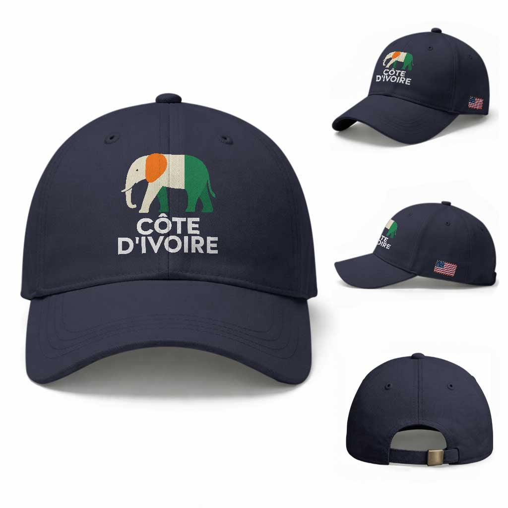 Proud Côte d'Ivoire Elephant Ivory Coast Flag Baseball Cap Ivorian Pride Retro Souvenir TS02 Baseball Cap Universal Fit Navy Print Your Wear