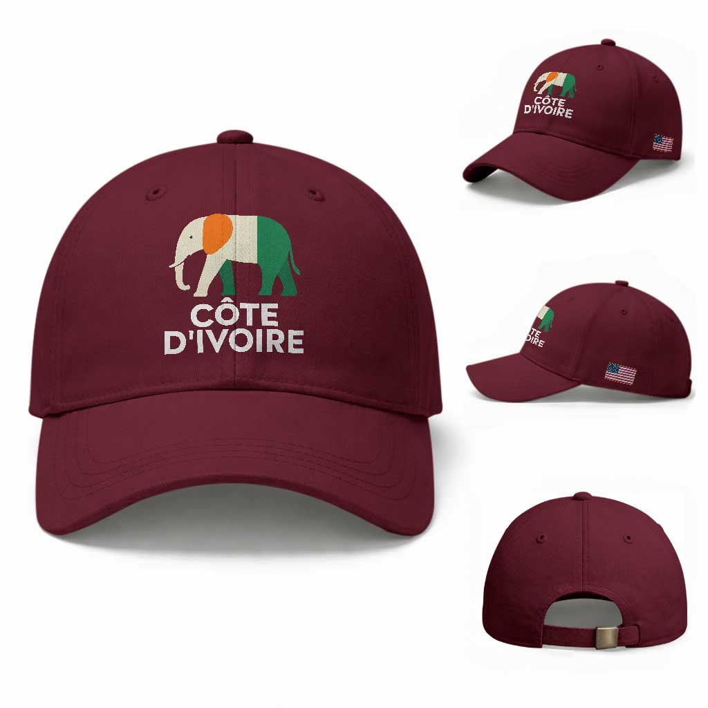 Proud Côte d'Ivoire Elephant Ivory Coast Flag Baseball Cap Ivorian Pride Retro Souvenir TS02 Baseball Cap Universal Fit Maroon Print Your Wear