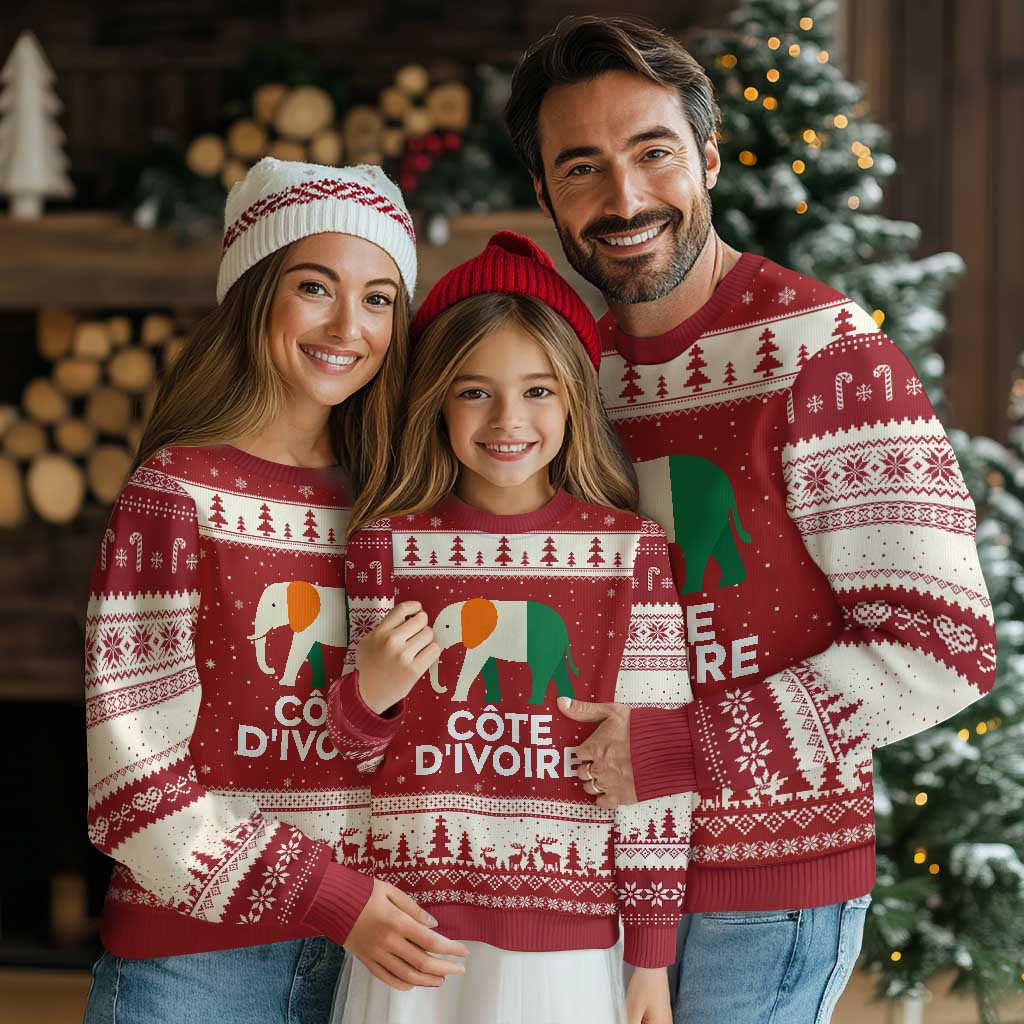 Proud Côte d'Ivoire Elephant Ivory Coast Flag Ugly Christmas Sweater Ivorian Pride Retro Souvenir TS02 Red Beige Print Your Wear