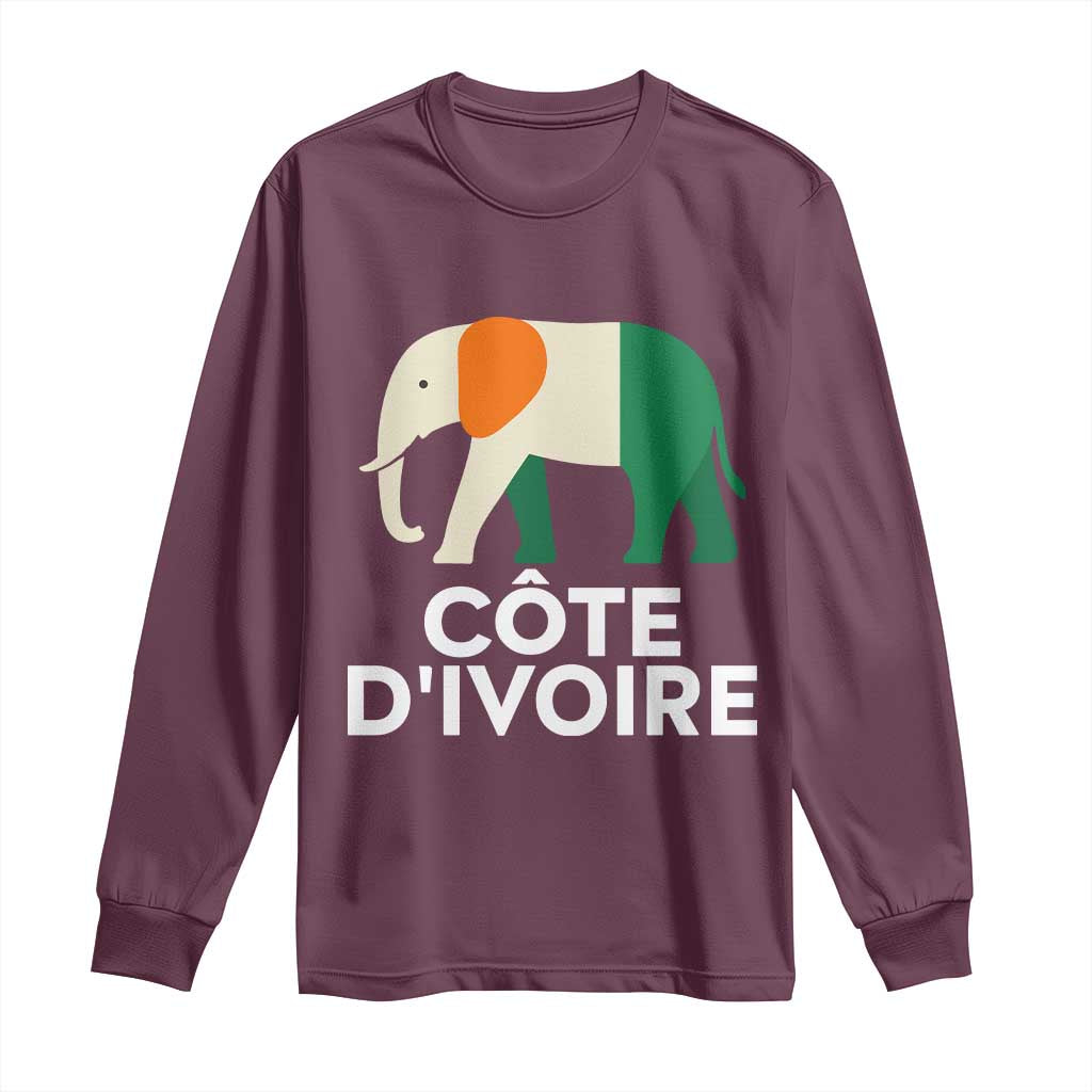 Proud Côte d'Ivoire Elephant Ivory Coast Flag Long Sleeve Shirt Ivorian Pride Retro Souvenir TS02 Maroon Print Your Wear