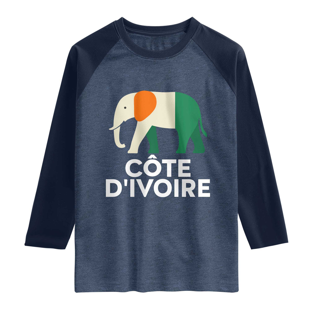 Proud Côte d'Ivoire Elephant Ivory Coast Flag Raglan Shirt Ivorian Pride Retro Souvenir TS02 Heather Denim Navy Print Your Wear