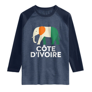 Proud Côte d'Ivoire Elephant Ivory Coast Flag Raglan Shirt Ivorian Pride Retro Souvenir TS02 Heather Denim Navy Print Your Wear