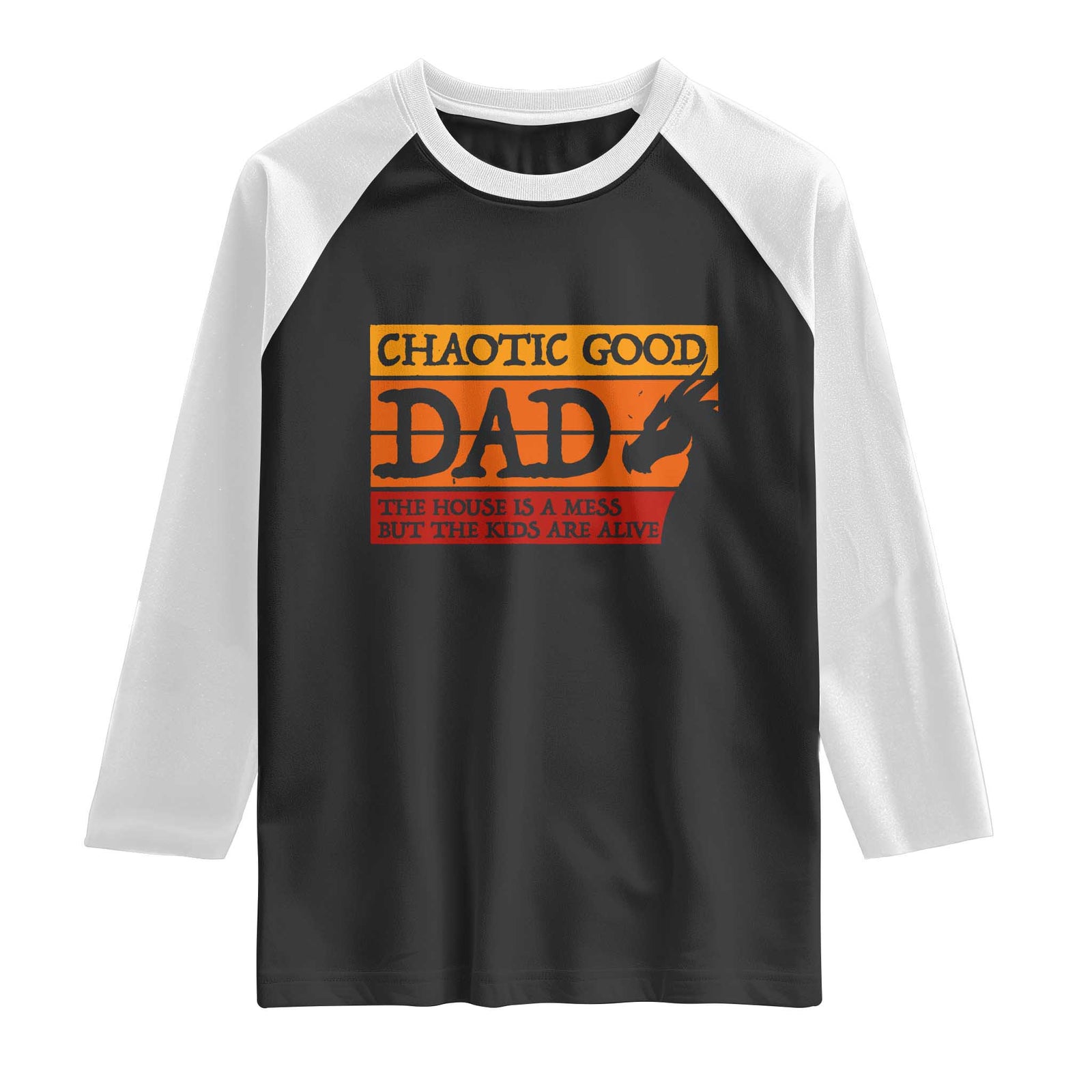 Chaotic Good Dad Funny Tabletop Gamer Parenting Raglan Shirt Retro Sunset Vintage Fantasy Graphic TS02 Black White Print Your Wear