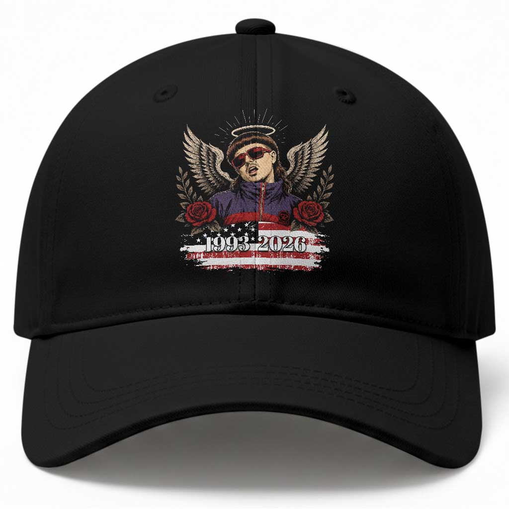 Retro Bowl Cut Music Icon Angel Wings Rest In Peace Baseball Cap American Flag Memorial 1993 2026 Pop Culture Fan TS02 Print Your Wear