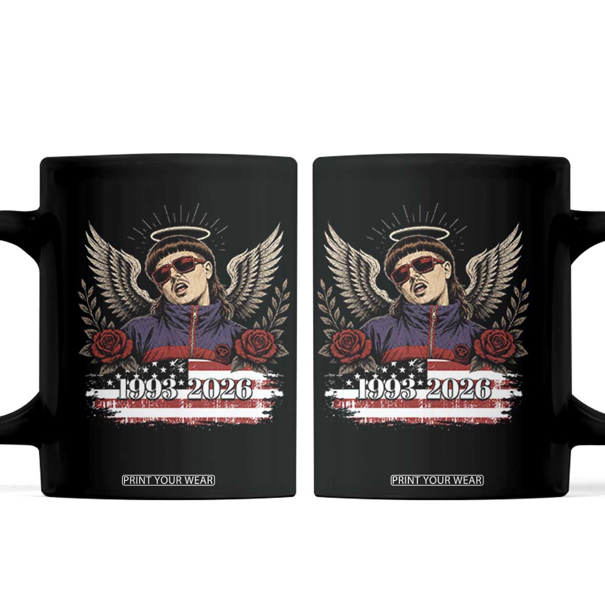 Retro Bowl Cut Music Icon Angel Wings Rest In Peace Coffee Mug American Flag Memorial 1993 2026 Pop Culture Fan TS02 Black Print Your Wear