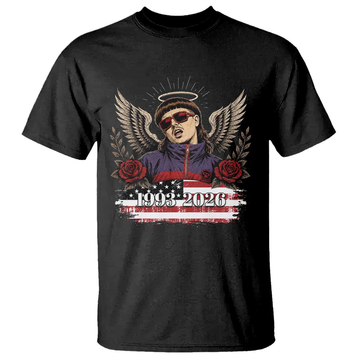 Retro Bowl Cut Music Icon Angel Wings Rest In Peace T Shirt American Flag Memorial 1993 2026 Pop Culture Fan TS02 Black Print Your Wear