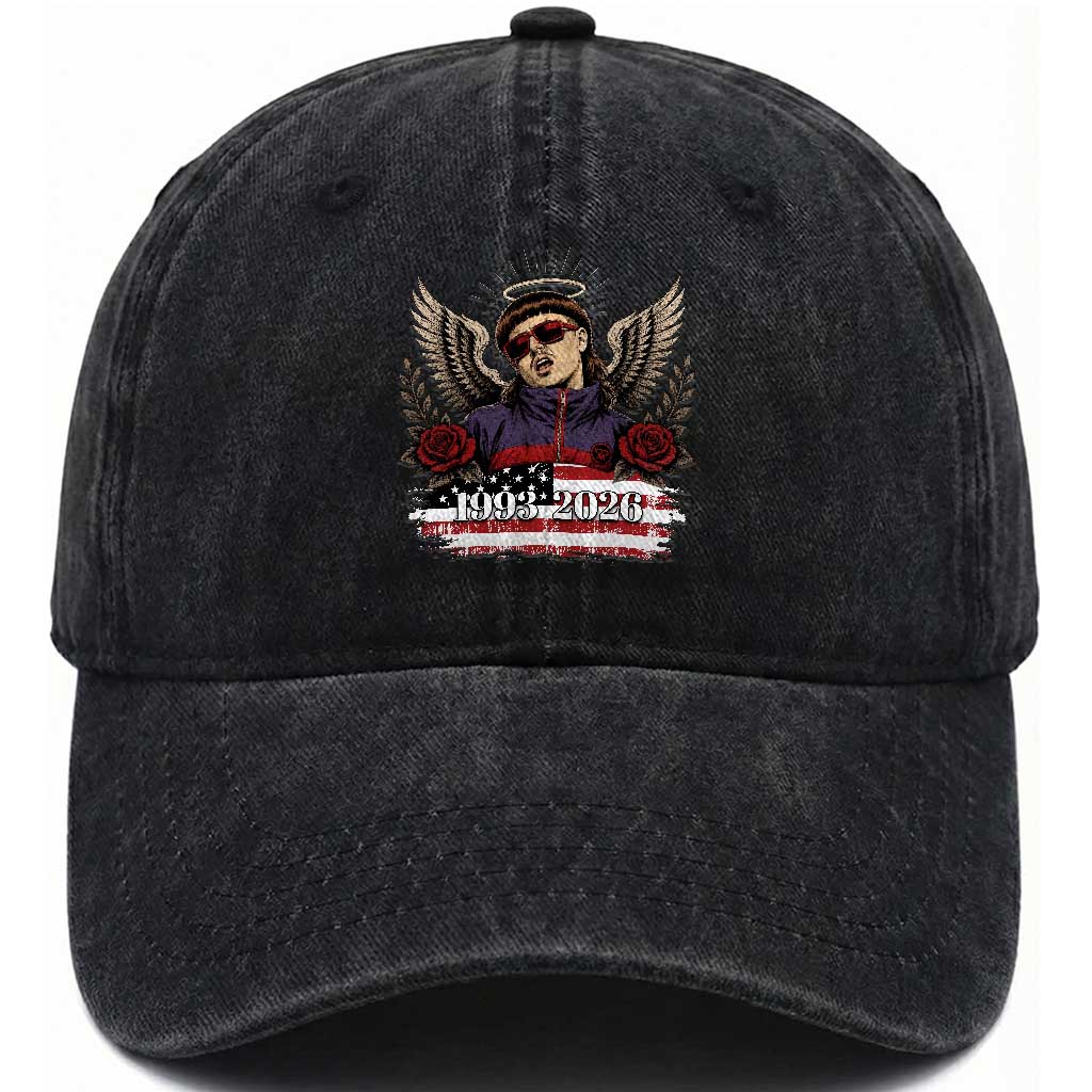 Retro Bowl Cut Music Icon Angel Wings Rest In Peace Washed Cotton Baseball Cap American Flag Memorial 1993 2026 Pop Culture Fan TS02 Print Your Wear