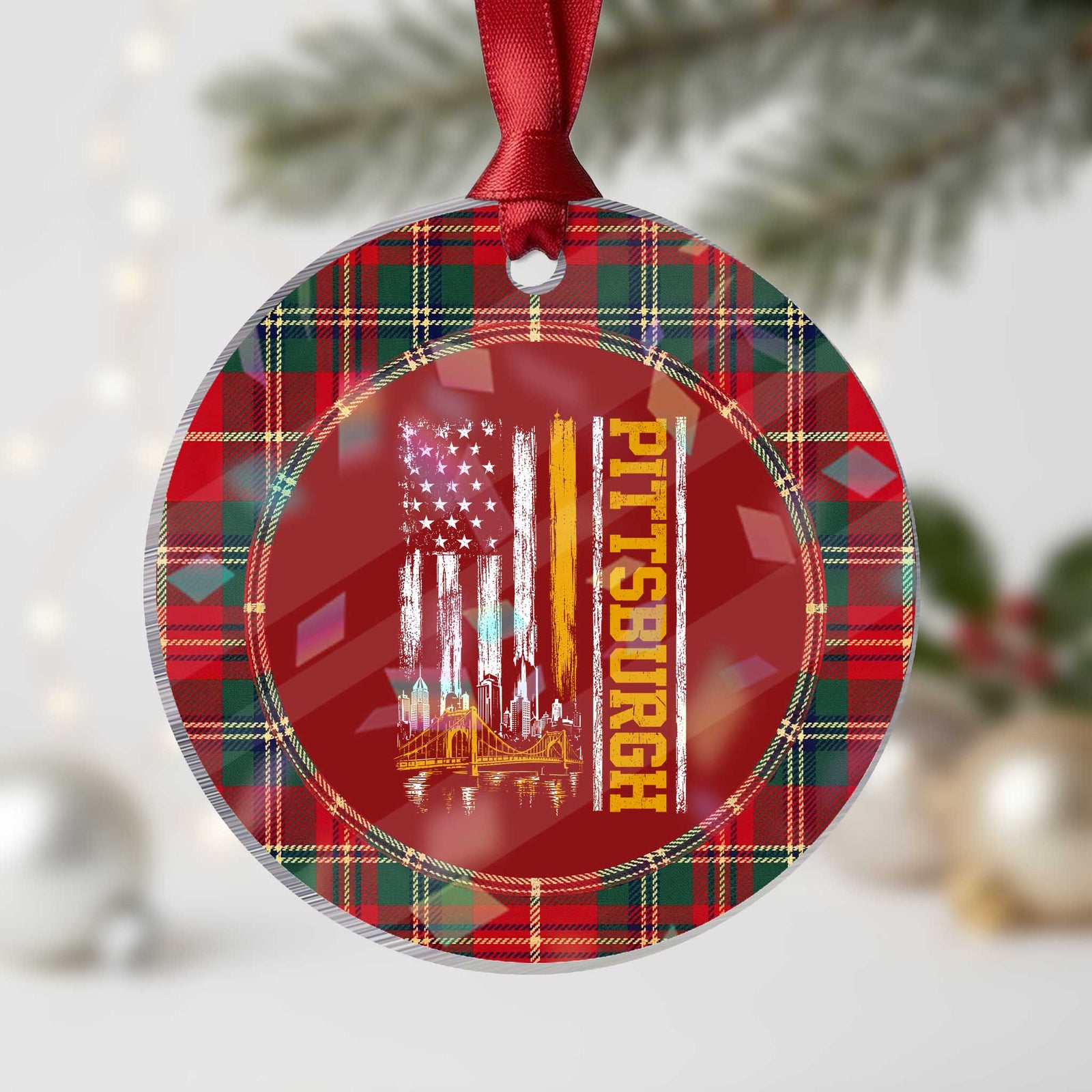 Pittsburgh City Skyline Roberto Clemente Bridge Graphic Holographic Acrylic Ornament American Flag Yellow Bridge City Hometown Pride