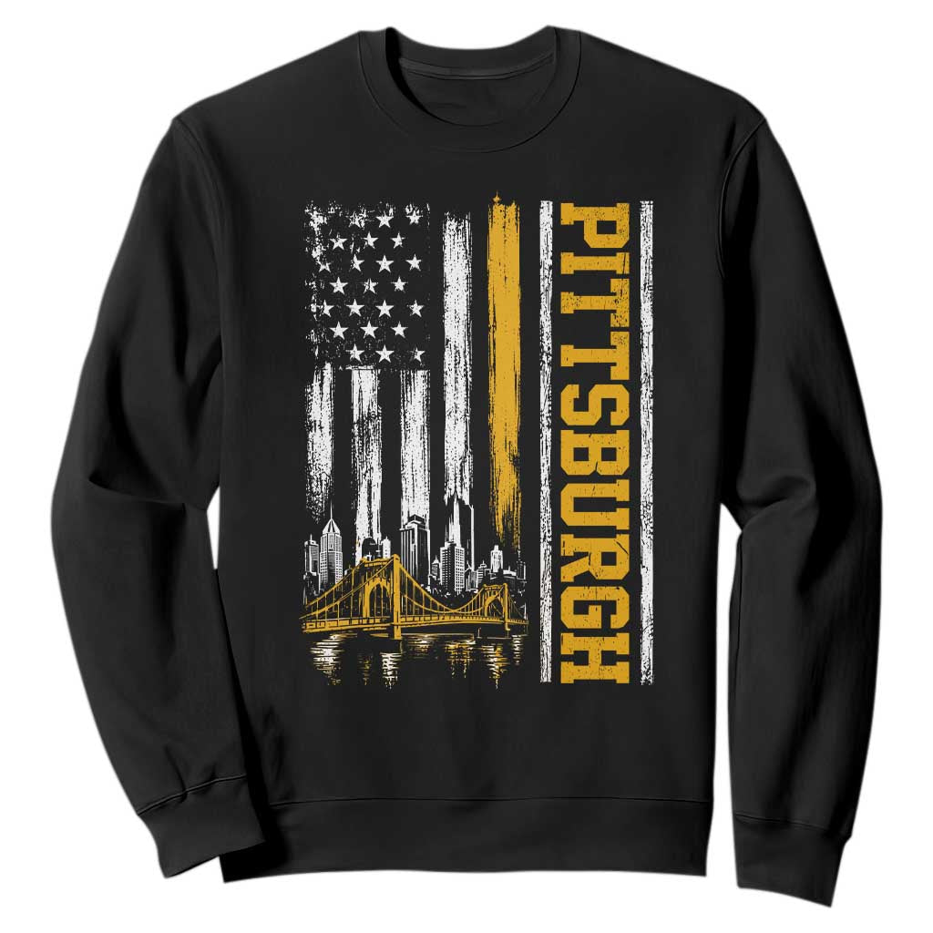 Pittsburgh City Skyline Roberto Clemente Bridge Graphic Sweatshirt American Flag Yellow Bridge City Hometown Pride TS02 Black Print Your Wear