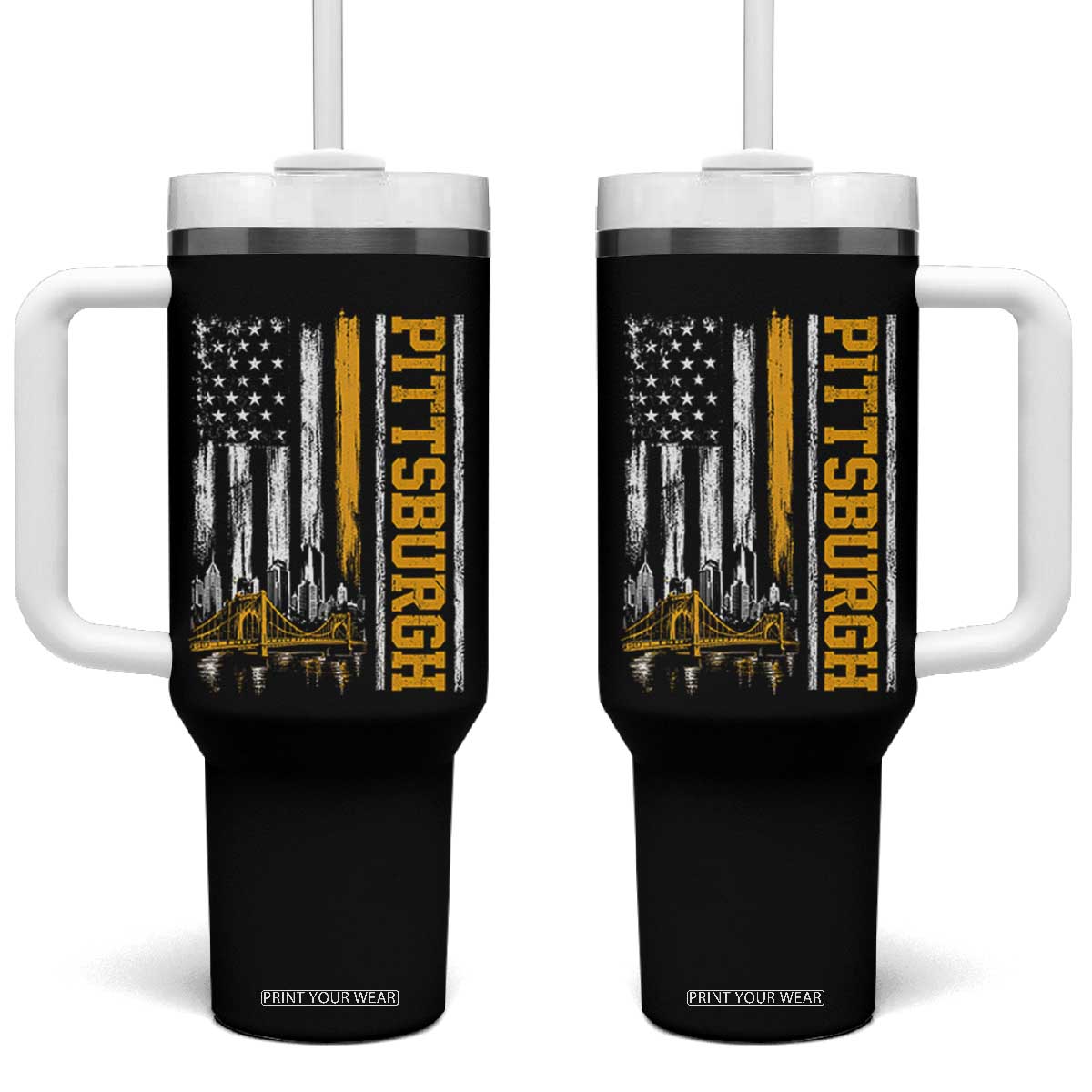 Pittsburgh City Skyline Roberto Clemente Bridge Graphic Tumbler With Handle American Flag Yellow Bridge City Hometown Pride TS02 One Size: 40 oz Black Print Your Wear