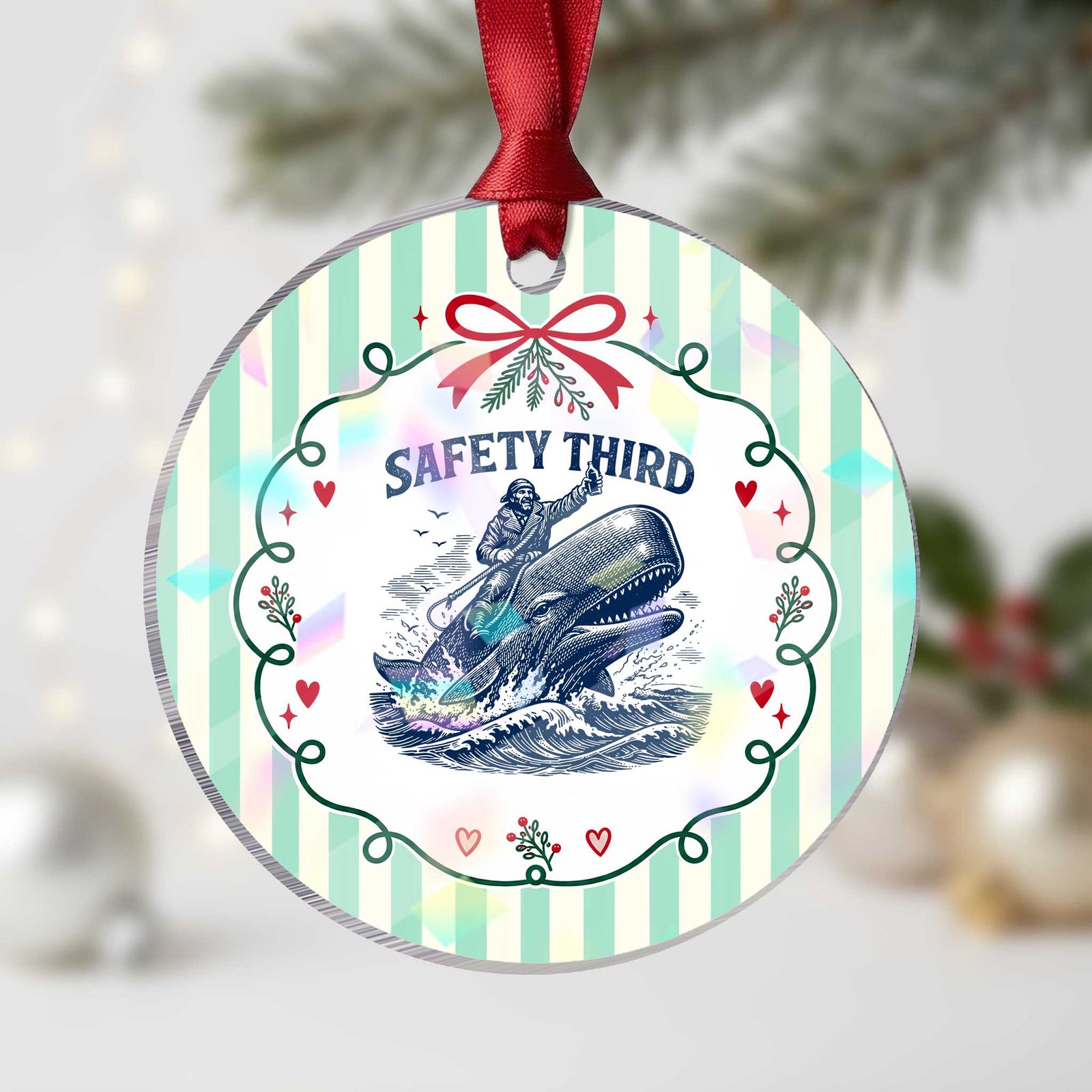 Funny Safety Third Captain Riding Sperm Whale Holographic Acrylic Ornament Vintage Nautical Ocean Fishing Humor
