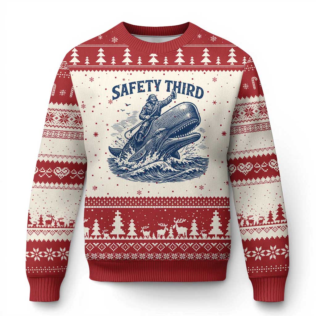 Funny Safety Third Captain Riding Sperm Whale Ugly Christmas Sweater Vintage Nautical Ocean Fishing Humor TS02 Beige Red Print Your Wear