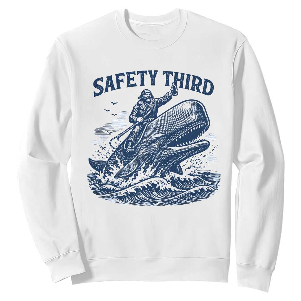 Funny Safety Third Captain Riding Sperm Whale Sweatshirt Vintage Nautical Ocean Fishing Humor TS02 White Print Your Wear
