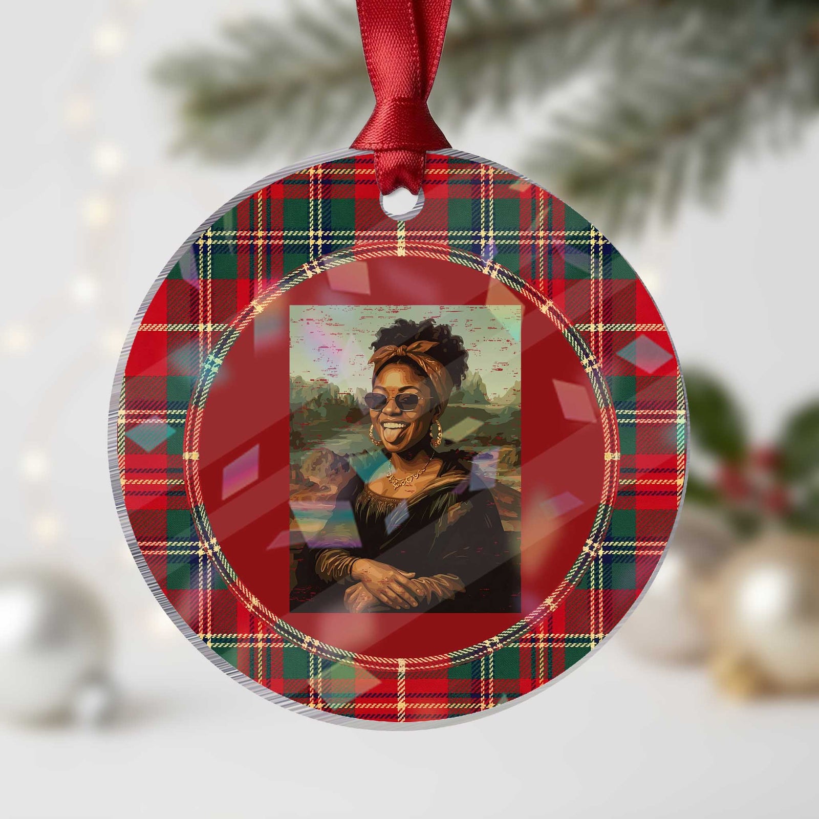 Modern Black Mona Lisa Headwrap Sunglasses Parody Holographic Acrylic Ornament Trendy Urban Fine Art Portrait Graphic