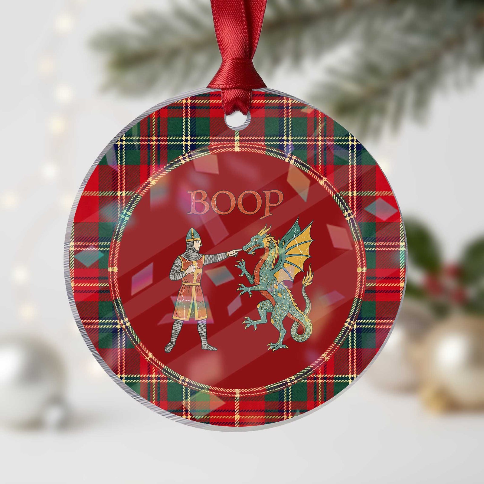 Funny Boop Medieval Knight Poking Dragon Graphic Holographic Acrylic Ornament Vintage Renaissance Faire Fantasy Meme