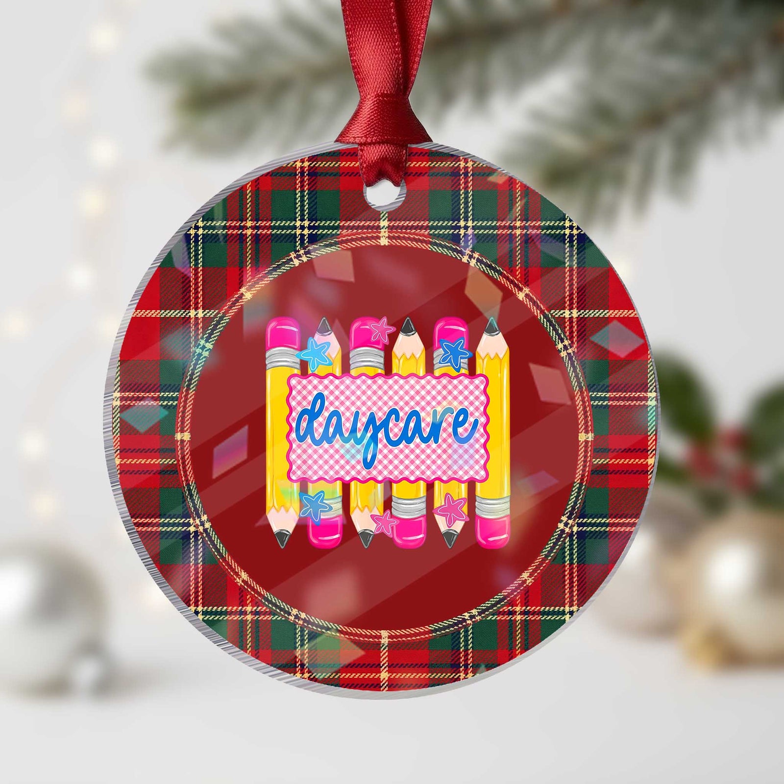 Cute Daycare Teacher Yellow Pencils Graphic Holographic Acrylic Ornament Retro Back to School Childcare Gift