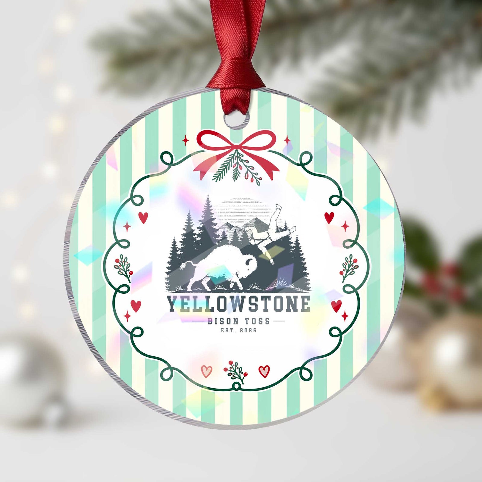 Yellowstone Bison Toss Est 2026 Holographic Acrylic Ornament Funny Sarcastic Tourist National Park Badge Graphic