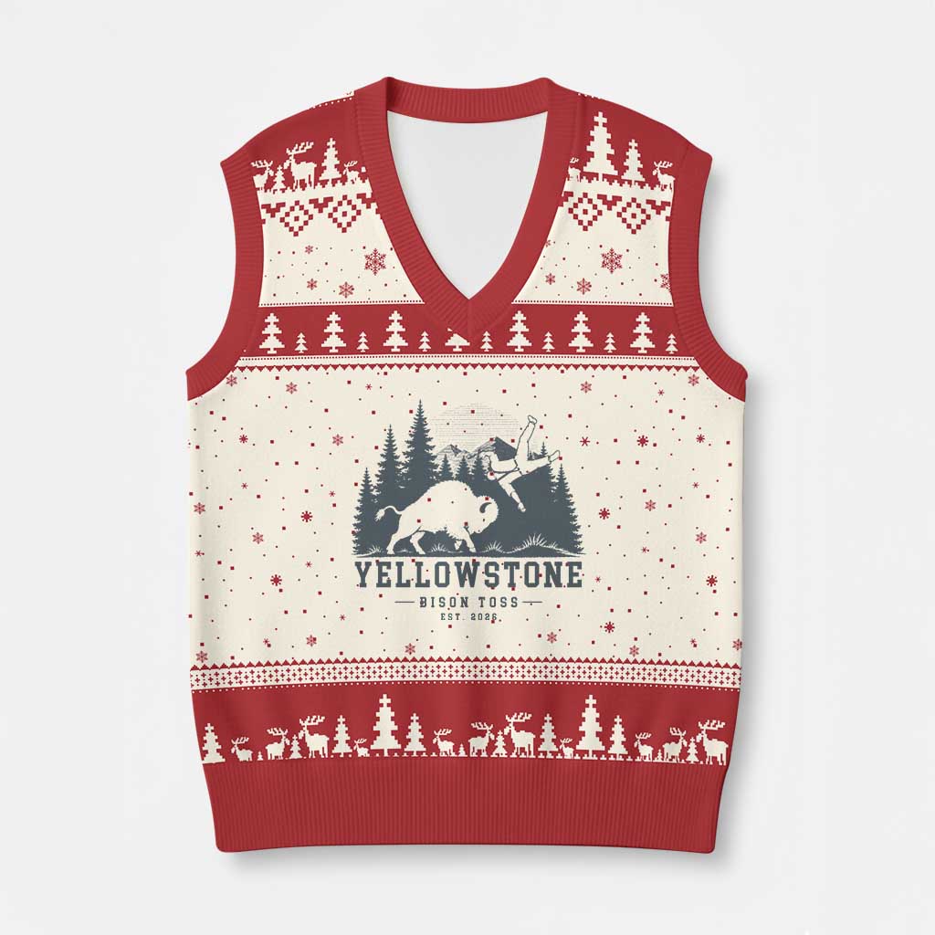 Yellowstone Bison Toss Est 2026 V-Neck Knit Sweater Vest Funny Sarcastic Tourist National Park Badge Graphic TS02 Beige Red Print Your Wear