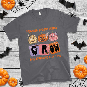 Halloween Reading T Shirt Helping Spooky Minds Grow One Phoneme Dyslexia Pumpkin TS02 Charcoal Print Your Wear