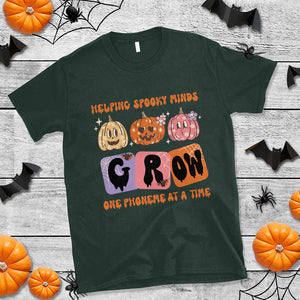 Halloween Reading T Shirt Helping Spooky Minds Grow One Phoneme Dyslexia Pumpkin TS02 Dark Forest Green Print Your Wear