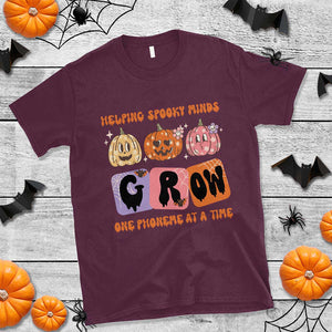 Halloween Reading T Shirt Helping Spooky Minds Grow One Phoneme Dyslexia Pumpkin TS02 Maroon Print Your Wear