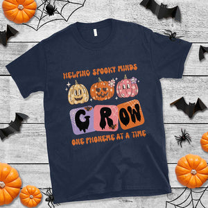 Halloween Reading T Shirt Helping Spooky Minds Grow One Phoneme Dyslexia Pumpkin TS02 Navy Print Your Wear