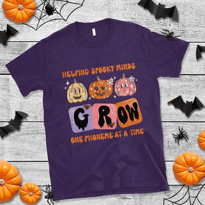 Halloween Reading T Shirt Helping Spooky Minds Grow One Phoneme Dyslexia Pumpkin TS02 Purple Print Your Wear