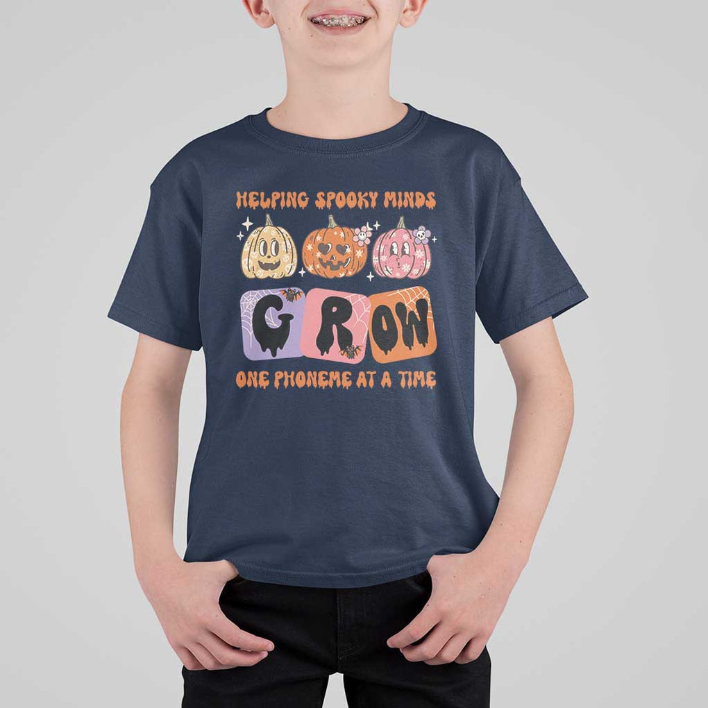 Halloween Reading T Shirt For Kid Helping Spooky Minds Grow One Phoneme Dyslexia Pumpkin TS02 Navy Print Your Wear