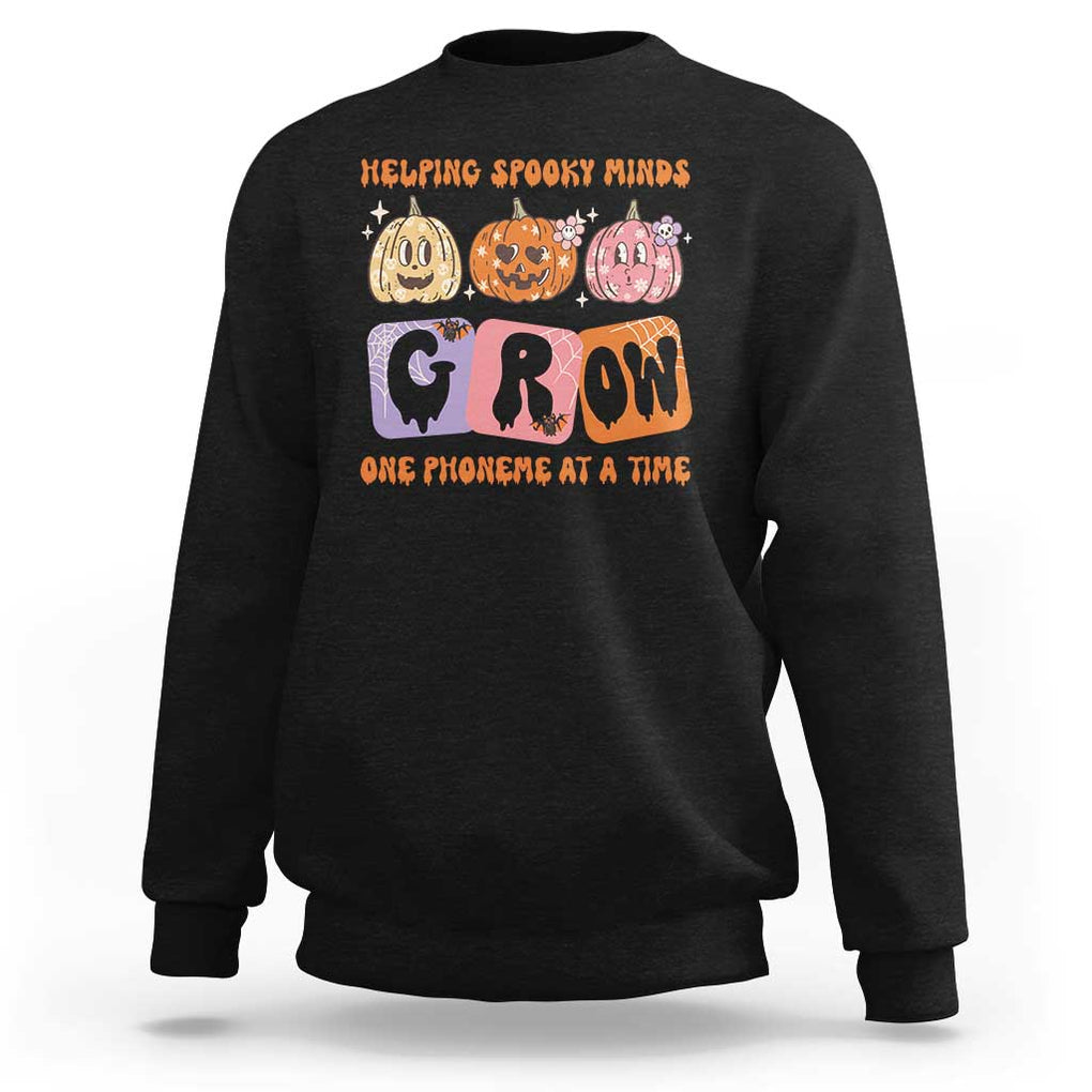 Halloween Reading Sweatshirt Helping Spooky Minds Grow One Phoneme Dyslexia Pumpkin TS02 Black Print Your Wear