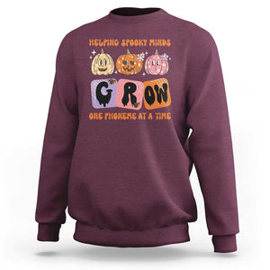 Halloween Reading Sweatshirt Helping Spooky Minds Grow One Phoneme Dyslexia Pumpkin TS02 Maroon Print Your Wear