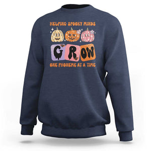 Halloween Reading Sweatshirt Helping Spooky Minds Grow One Phoneme Dyslexia Pumpkin TS02 Navy Print Your Wear