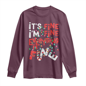 Funny Christmas Long Sleeve Shirt It's Fine I'm Fine Everthing Is Fine Xmas Lights TS02 Maroon Print Your Wear