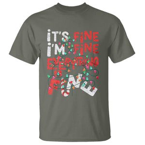 Funny Christmas T Shirt It's Fine I'm Fine Everthing Is Fine Xmas Lights TS02 Military Green Printyourwear