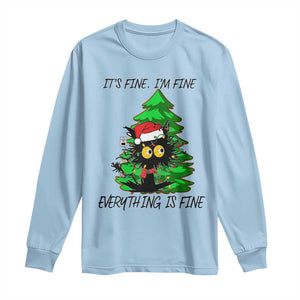 Black Cat Christmas Long Sleeve Shirt It's Fine I'm Fine Everthing Is Fine Funny Xmas TS02 Light Blue Print Your Wear