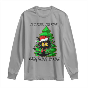 Black Cat Christmas Long Sleeve Shirt It's Fine I'm Fine Everthing Is Fine Funny Xmas TS02 Sport Gray Print Your Wear