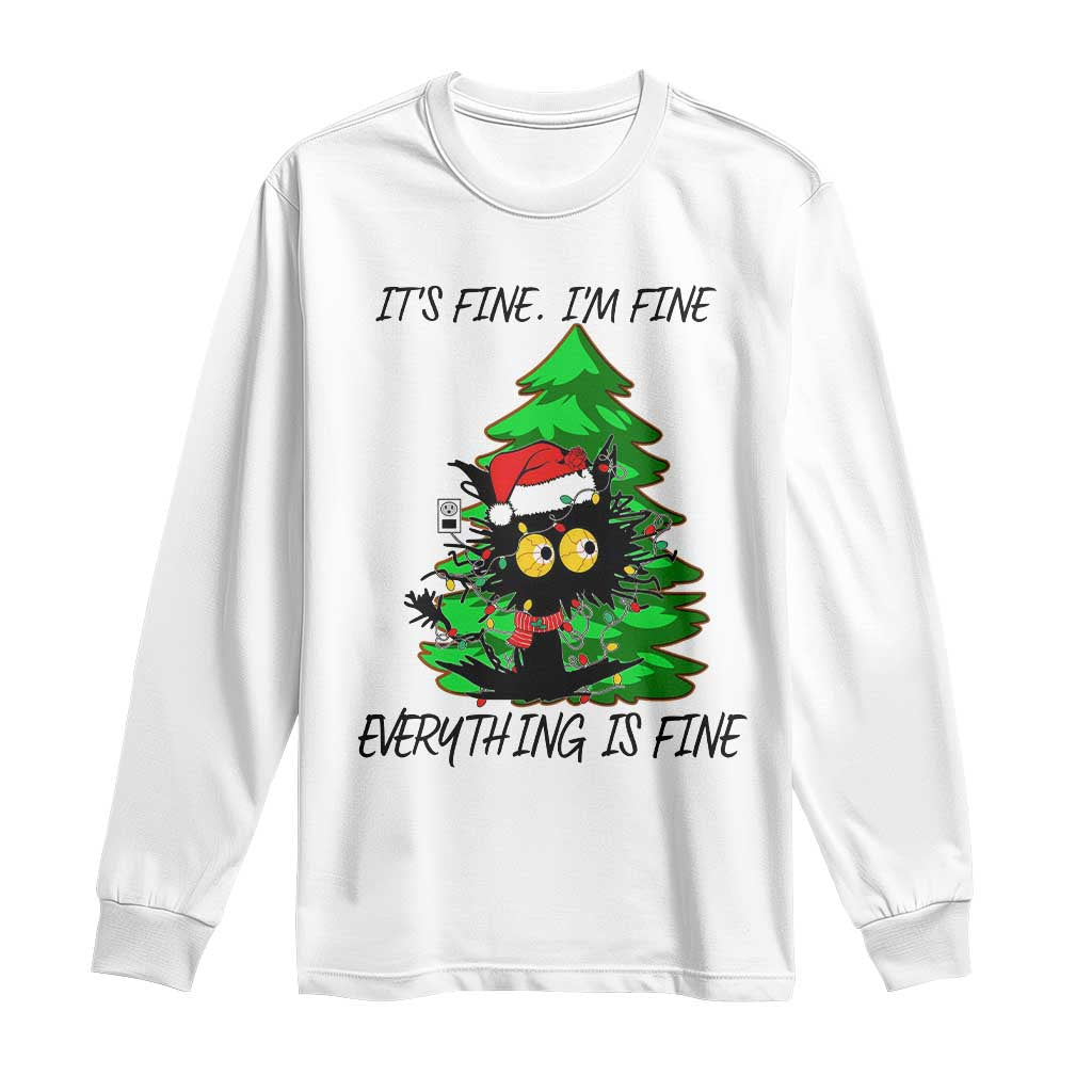 Black Cat Christmas Long Sleeve Shirt It's Fine I'm Fine Everthing Is Fine Funny Xmas TS02 White Print Your Wear