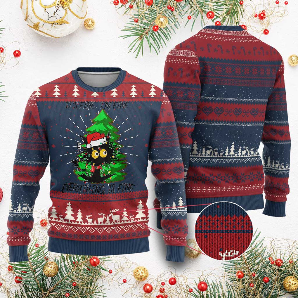 Black Cat Christmas Ugly Christmas Sweater It's Fine I'm Fine Everthing Is Fine Funny Xmas TS02 Burgundy Print Your Wear