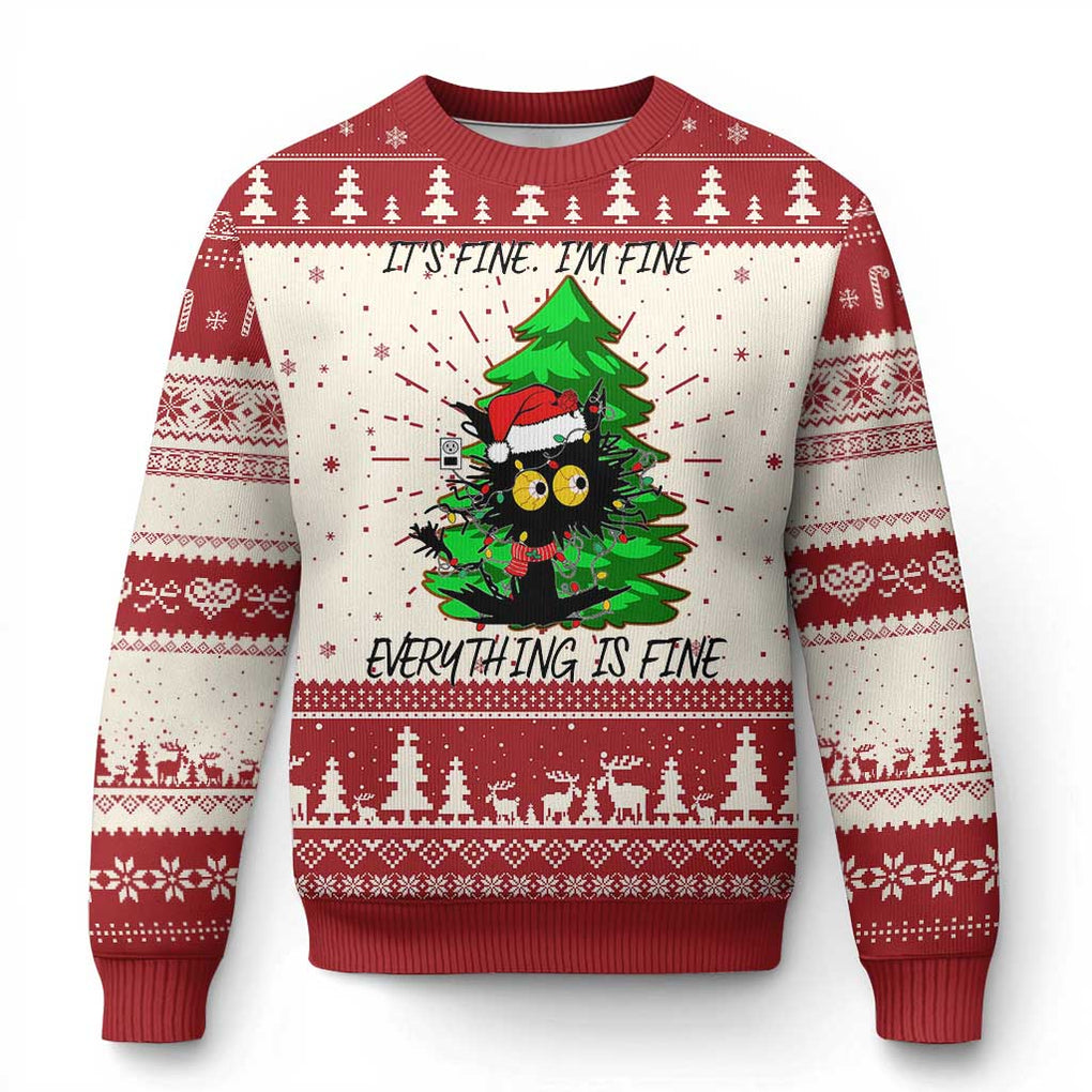 Black Cat Christmas Ugly Christmas Sweater It's Fine I'm Fine Everthing Is Fine Funny Xmas TS02 Red Print Your Wear
