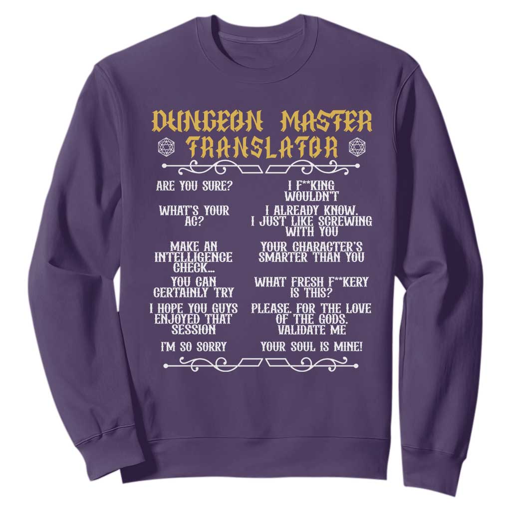 Dungeon Master Translator RPG Humor Sweatshirt Sarcastic Tabletop Roleplay Game Masters and Players TS02 Purple Print Your Wear