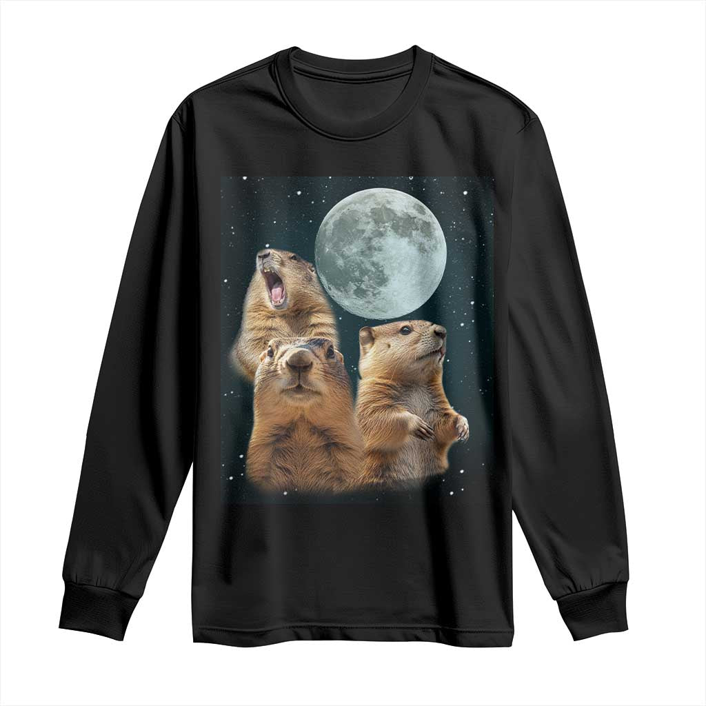 Funny Three Groundhog Meme Long Sleeve Shirt Woodchucks Under The Moon TS02 Black Print Your Wear