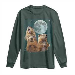 Funny Three Groundhog Meme Long Sleeve Shirt Woodchucks Under The Moon TS02 Dark Forest Green Print Your Wear