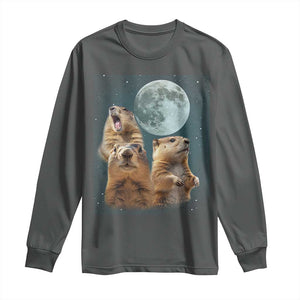 Funny Three Groundhog Meme Long Sleeve Shirt Woodchucks Under The Moon TS02 Dark Heather Print Your Wear