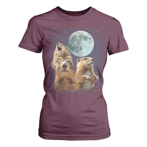 Funny Three Groundhog Meme T Shirt For Women Woodchucks Under The Moon TS02 Maroon Print Your Wear