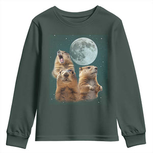 Funny Three Groundhog Meme Youth Sweatshirt Woodchucks Under The Moon TS02 Dark Forest Green Print Your Wear