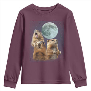 Funny Three Groundhog Meme Youth Sweatshirt Woodchucks Under The Moon TS02 Maroon Print Your Wear