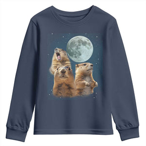 Funny Three Groundhog Meme Youth Sweatshirt Woodchucks Under The Moon TS02 Navy Print Your Wear